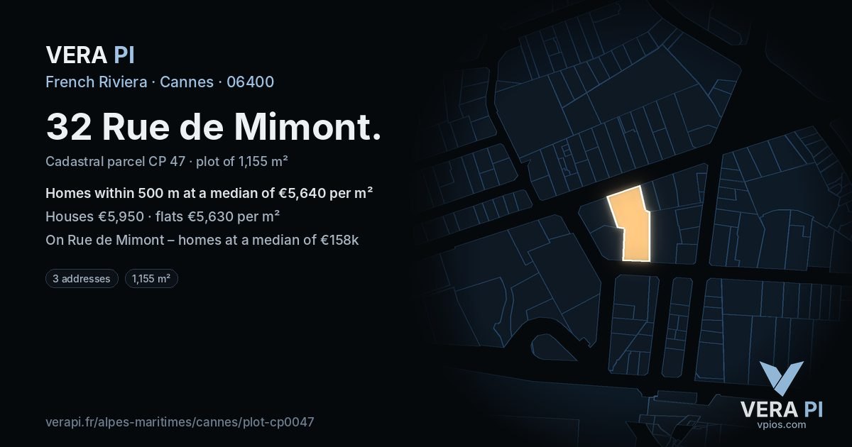 32 Rue de Mimont, Cannes at night – the plot lit, the parcels around coloured by the prices near them