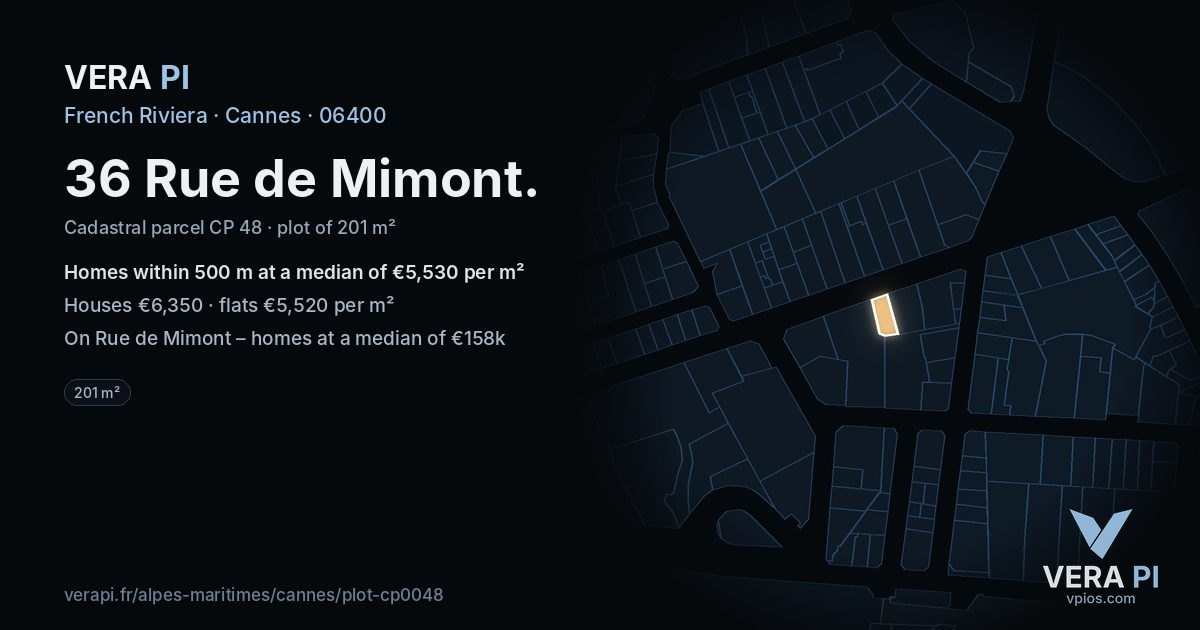 36 Rue de Mimont, Cannes at night – the plot lit, the parcels around coloured by the prices near them