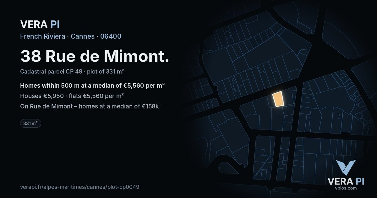38 Rue de Mimont, Cannes at night – the plot lit, the parcels around coloured by the prices near them