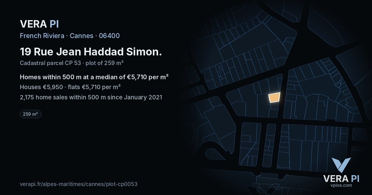 19 Rue Jean Haddad Simon, Cannes at night – the plot lit, the parcels around coloured by the prices near them