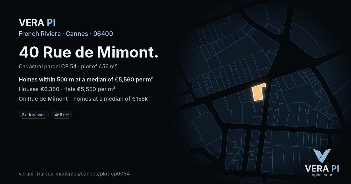 40 Rue de Mimont, Cannes at night – the plot lit, the parcels around coloured by the prices near them