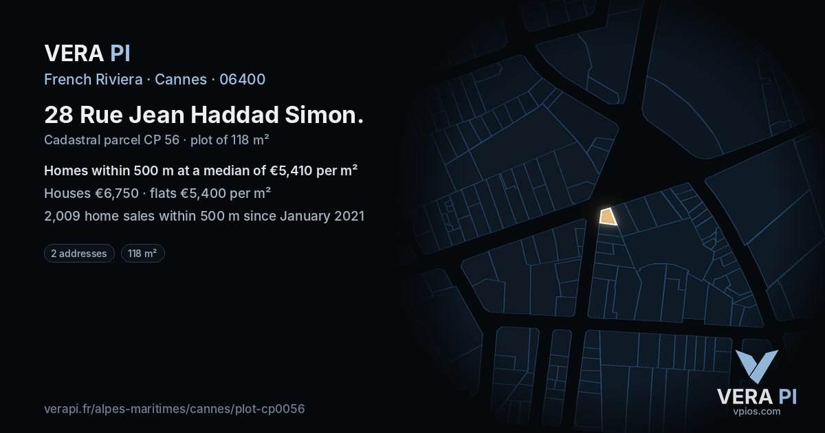 28 Rue Jean Haddad Simon, Cannes at night – the plot lit, the parcels around coloured by the prices near them