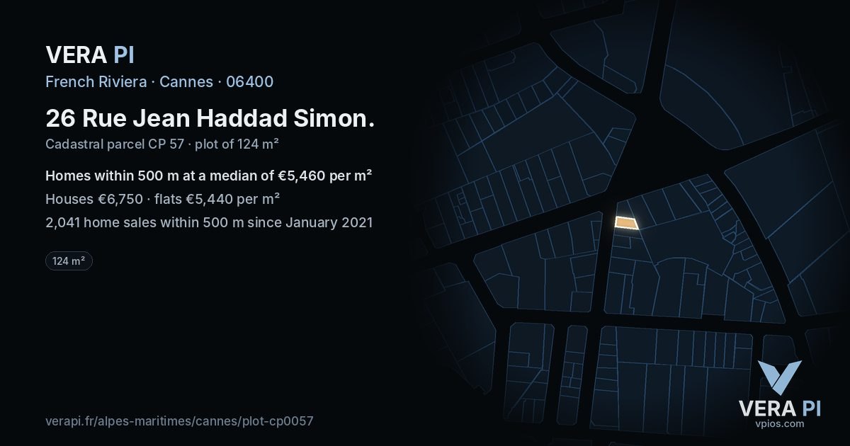 26 Rue Jean Haddad Simon, Cannes at night – the plot lit, the parcels around coloured by the prices near them