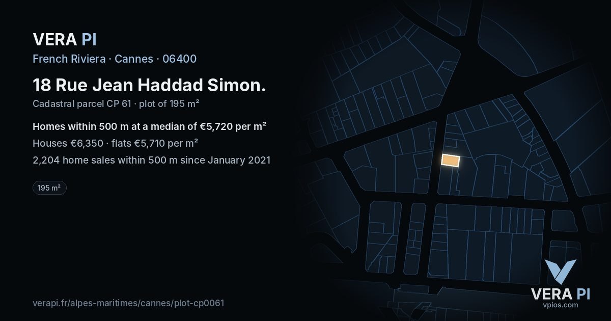 18 Rue Jean Haddad Simon, Cannes at night – the plot lit, the parcels around coloured by the prices near them