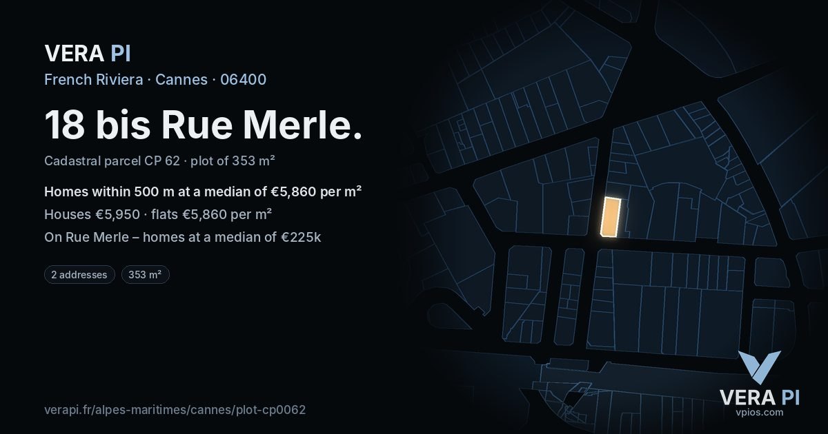 18 bis Rue Merle, Cannes at night – the plot lit, the parcels around coloured by the prices near them