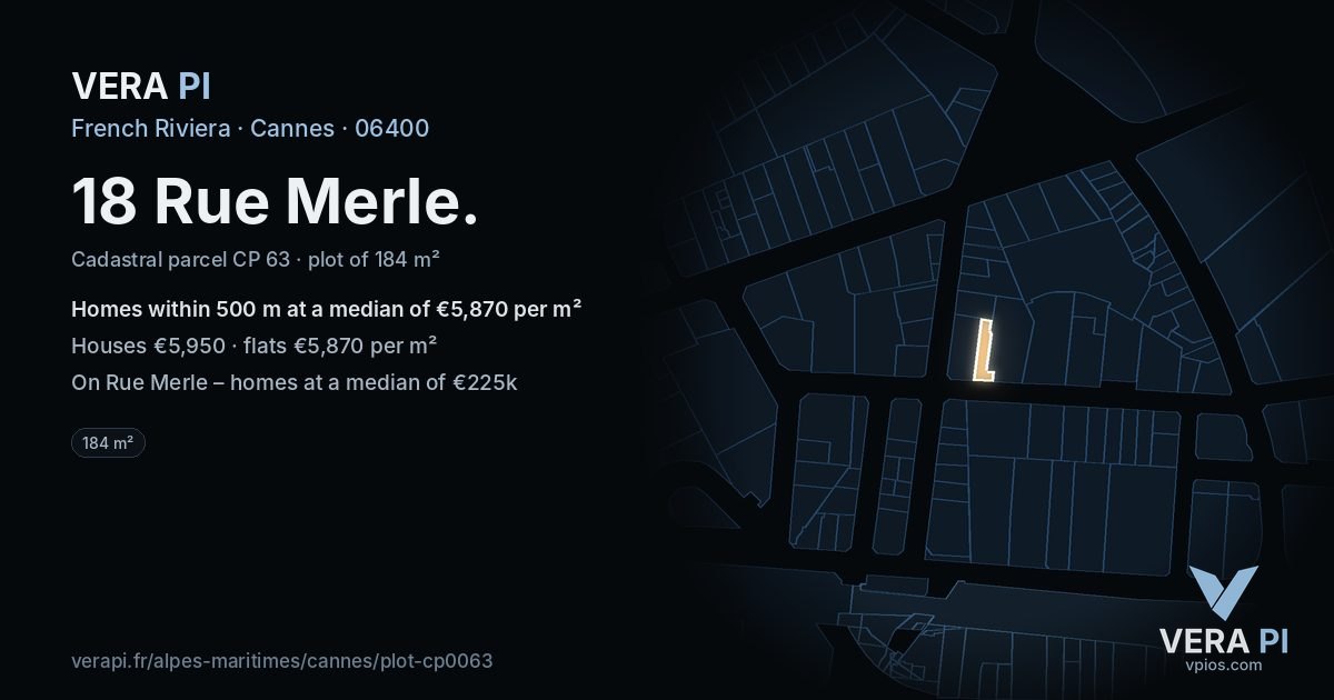 18 Rue Merle, Cannes at night – the plot lit, the parcels around coloured by the prices near them