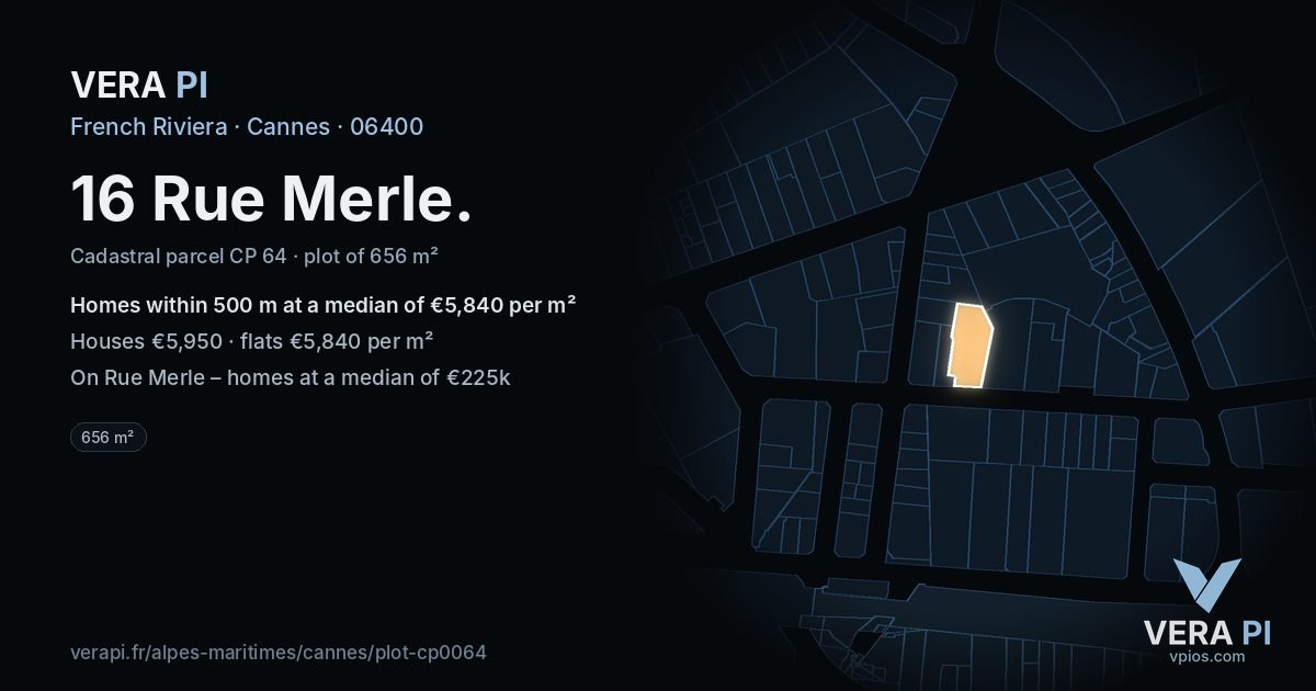 16 Rue Merle, Cannes at night – the plot lit, the parcels around coloured by the prices near them