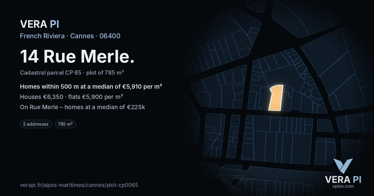 14 Rue Merle, Cannes at night – the plot lit, the parcels around coloured by the prices near them