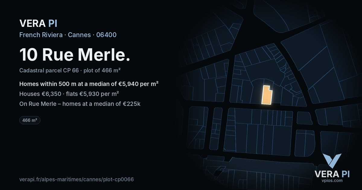 10 Rue Merle, Cannes at night – the plot lit, the parcels around coloured by the prices near them