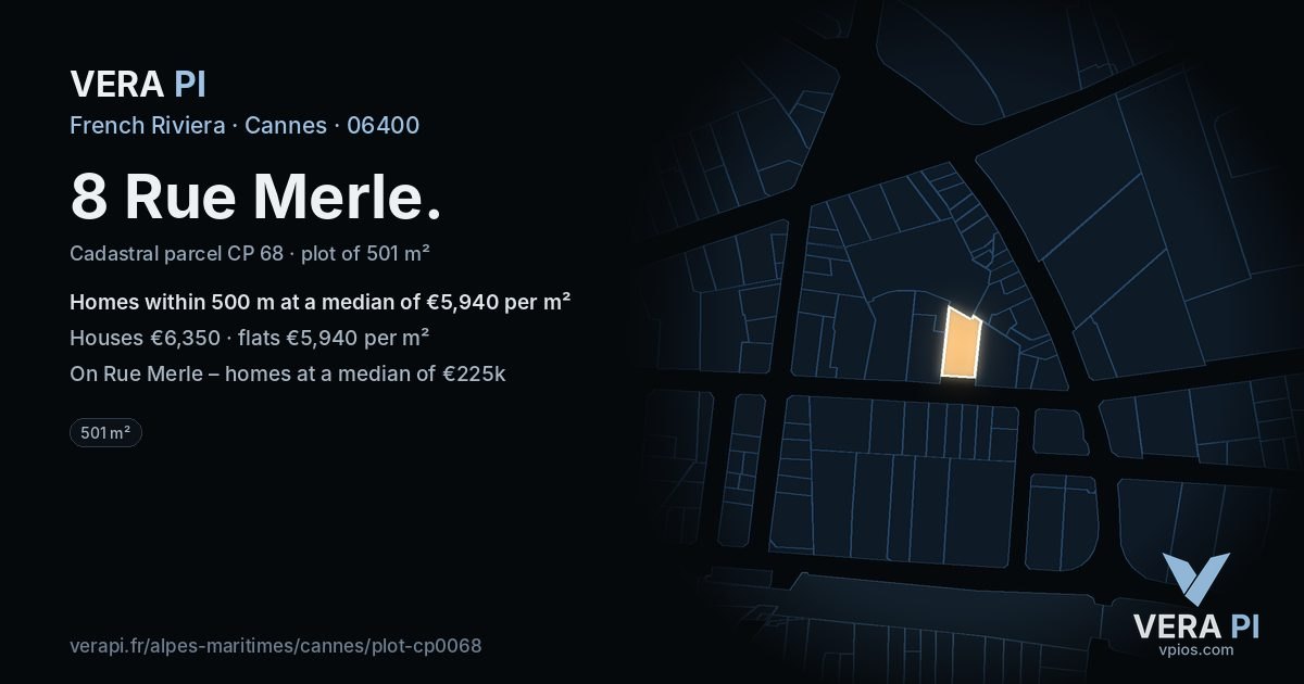 8 Rue Merle, Cannes at night – the plot lit, the parcels around coloured by the prices near them