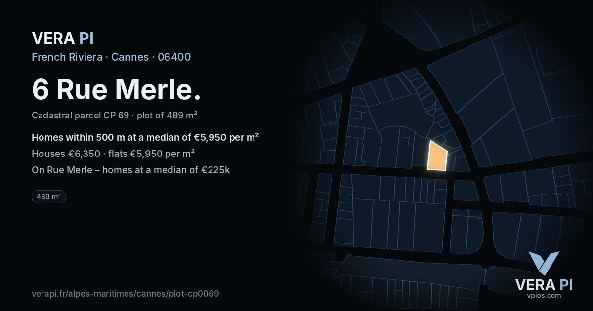 6 Rue Merle, Cannes at night – the plot lit, the parcels around coloured by the prices near them