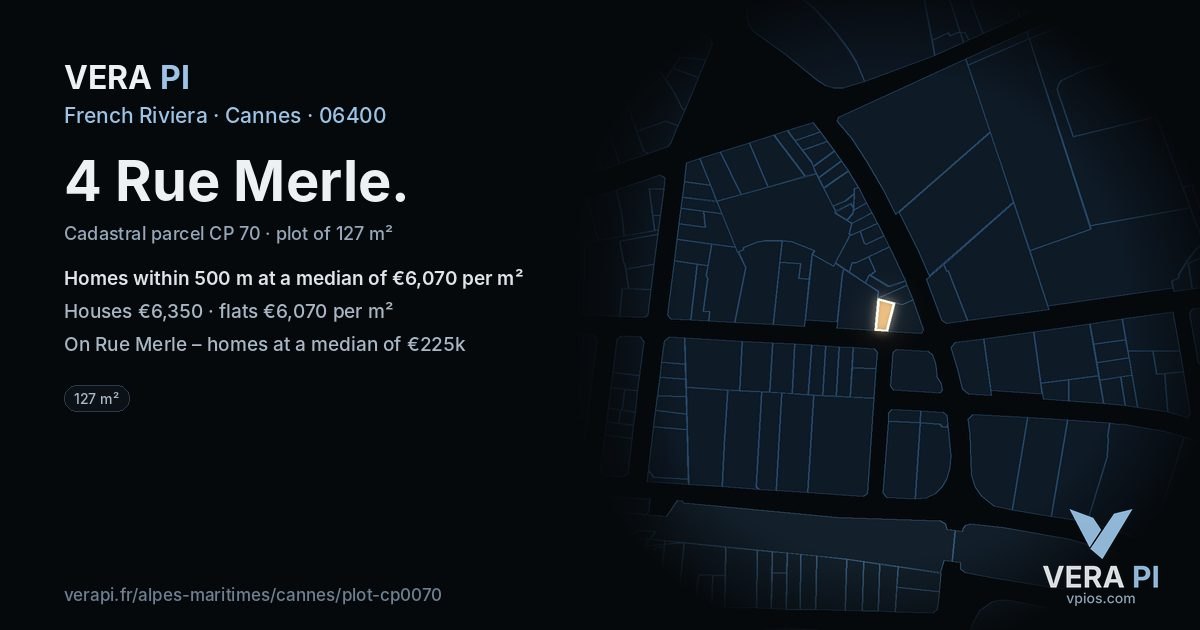 4 Rue Merle, Cannes at night – the plot lit, the parcels around coloured by the prices near them