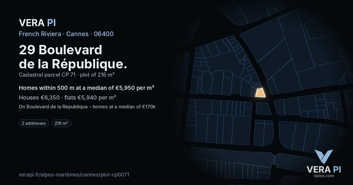 29 Boulevard de la République, Cannes at night – the plot lit, the parcels around coloured by the prices near them