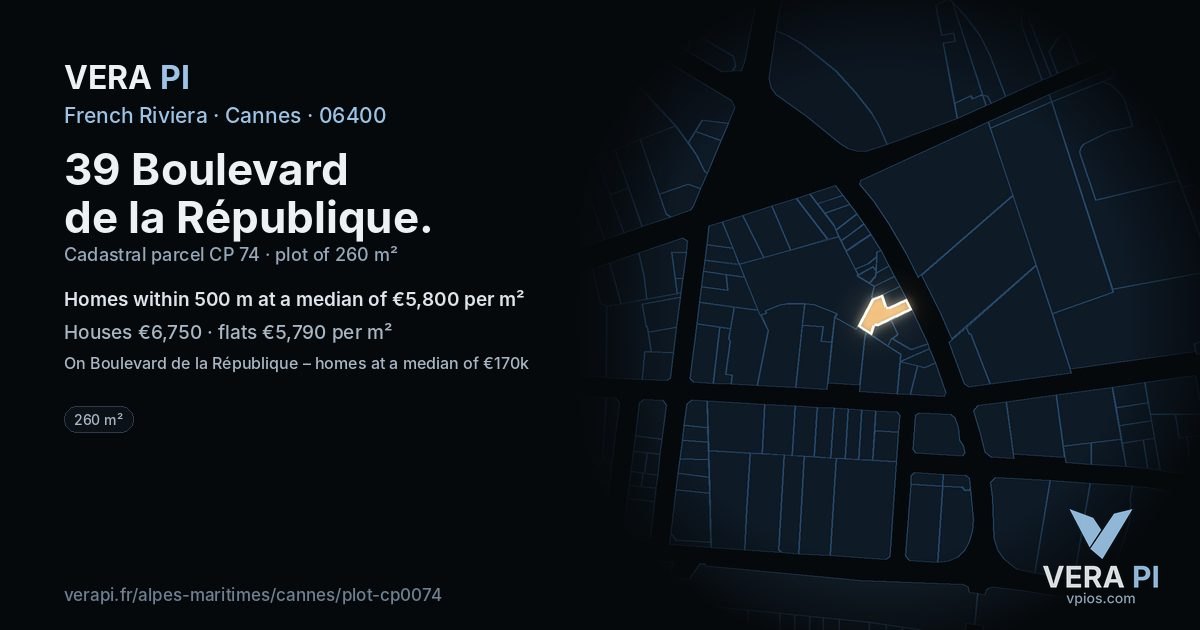 39 Boulevard de la République, Cannes at night – the plot lit, the parcels around coloured by the prices near them