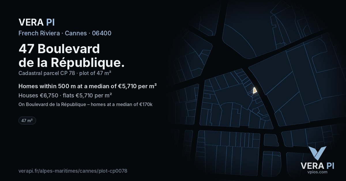 47 Boulevard de la République, Cannes at night – the plot lit, the parcels around coloured by the prices near them