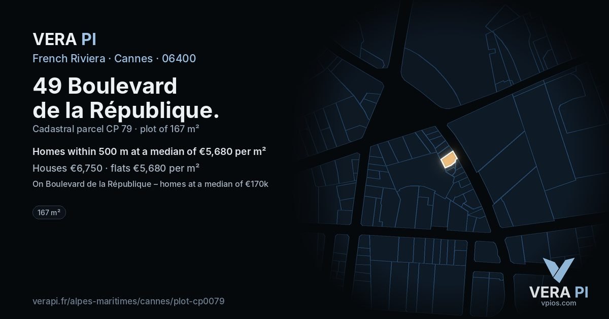 49 Boulevard de la République, Cannes at night – the plot lit, the parcels around coloured by the prices near them