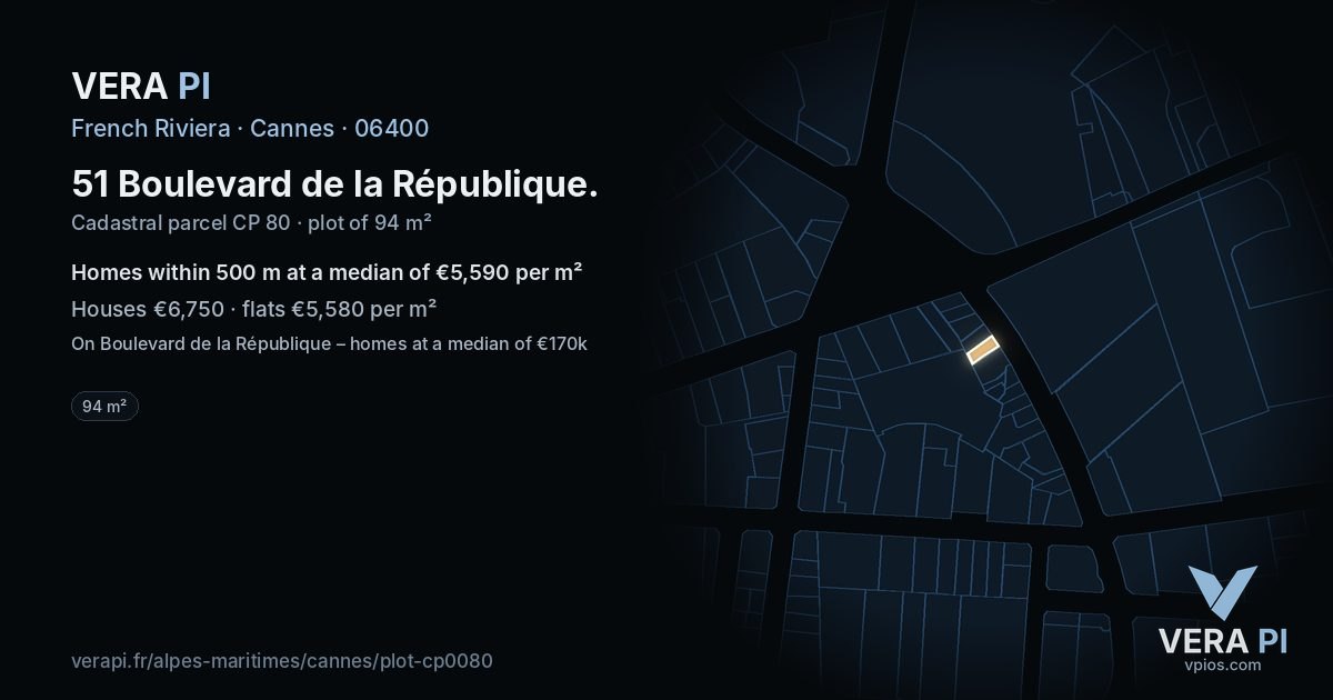51 Boulevard de la République, Cannes at night – the plot lit, the parcels around coloured by the prices near them