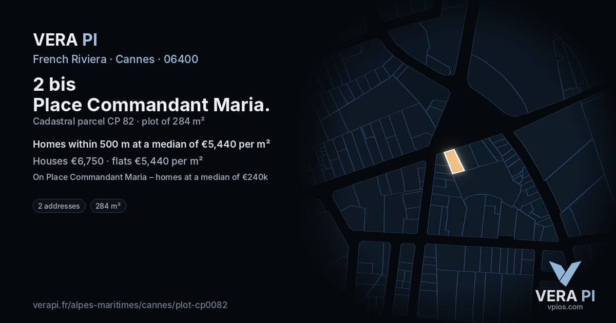 2 bis Place Commandant Maria, Cannes at night – the plot lit, the parcels around coloured by the prices near them