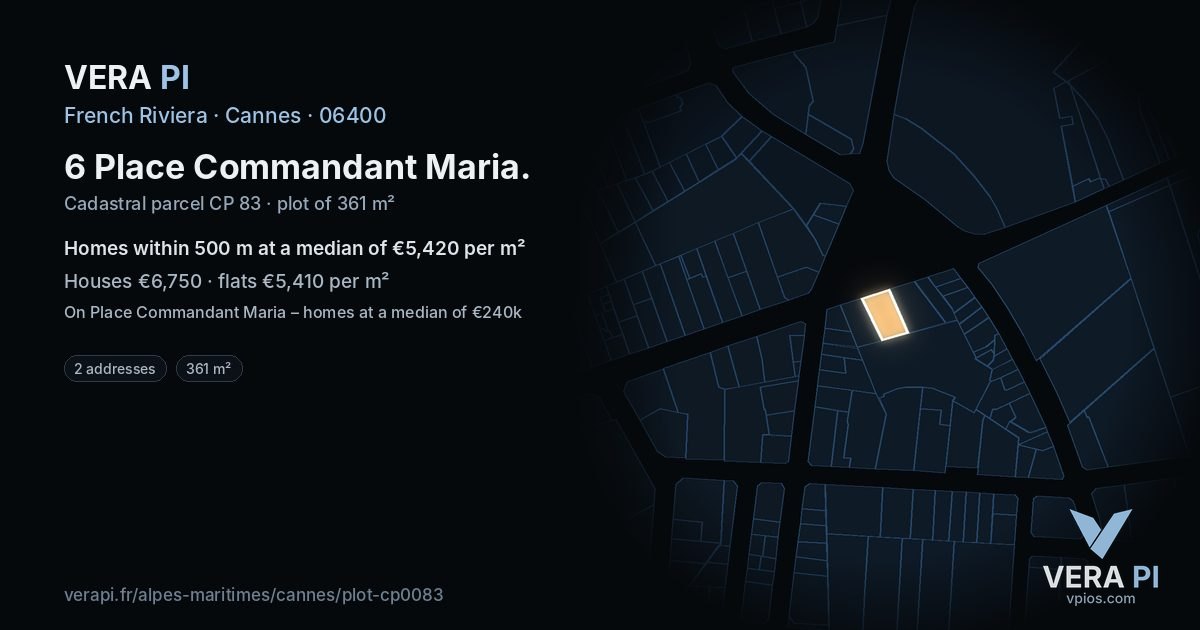 6 Place Commandant Maria, Cannes at night – the plot lit, the parcels around coloured by the prices near them