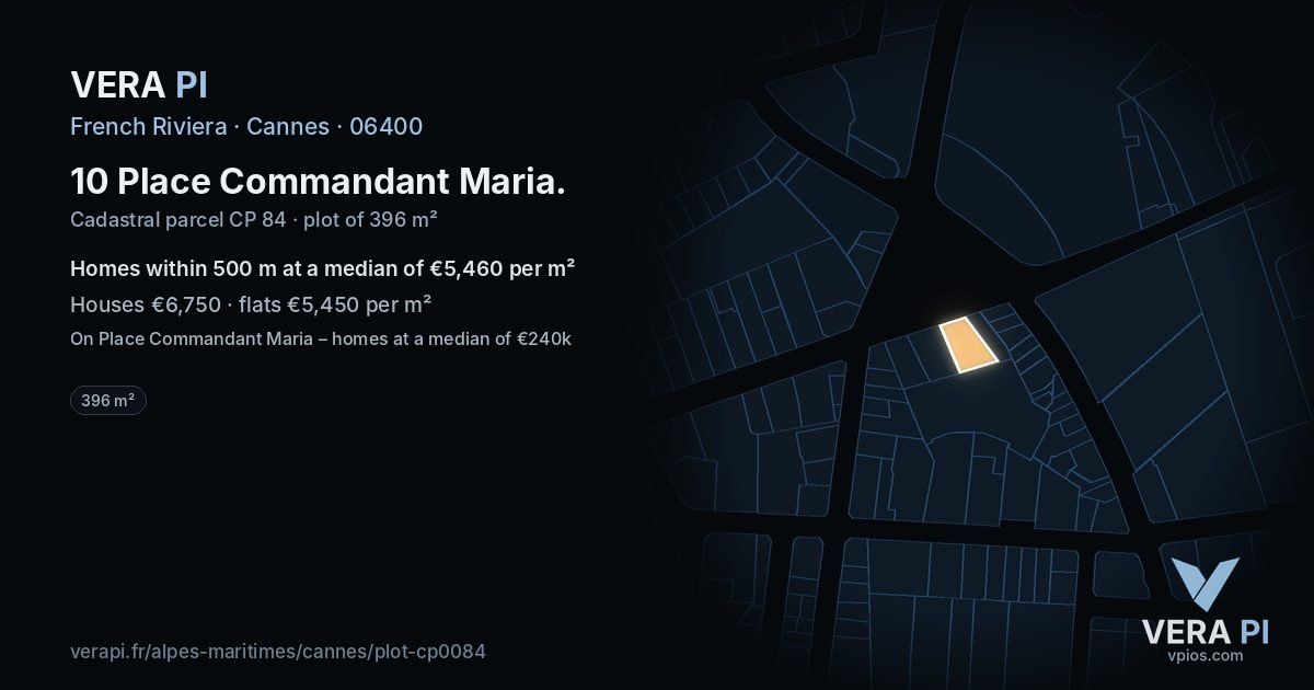 10 Place Commandant Maria, Cannes at night – the plot lit, the parcels around coloured by the prices near them
