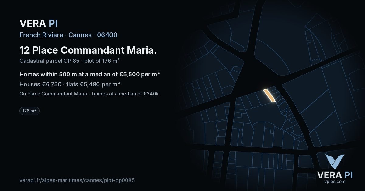 12 Place Commandant Maria, Cannes at night – the plot lit, the parcels around coloured by the prices near them