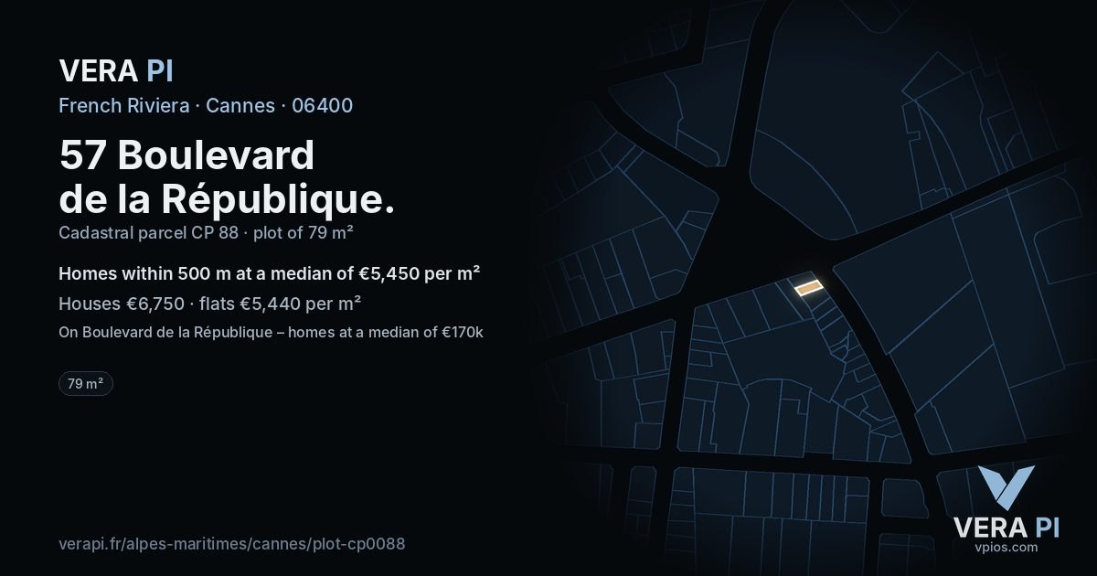57 Boulevard de la République, Cannes at night – the plot lit, the parcels around coloured by the prices near them