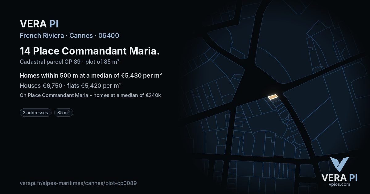 14 Place Commandant Maria, Cannes at night – the plot lit, the parcels around coloured by the prices near them
