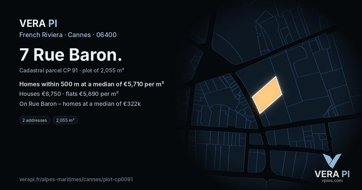 7 Rue Baron, Cannes at night – the plot lit, the parcels around coloured by the prices near them