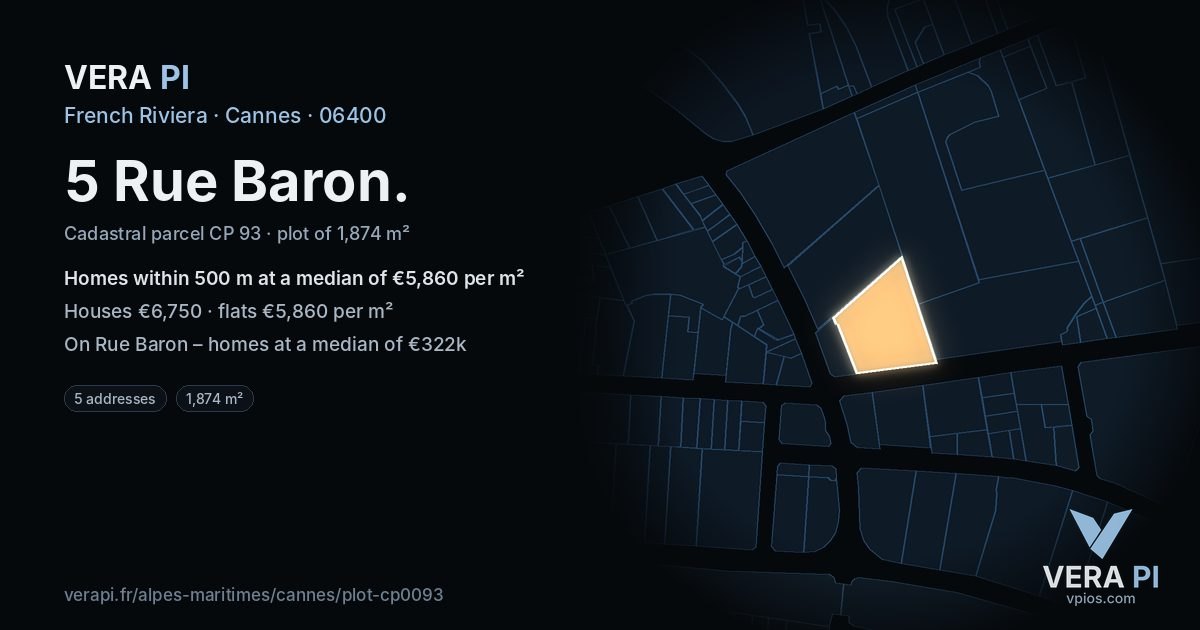 5 Rue Baron, Cannes at night – the plot lit, the parcels around coloured by the prices near them