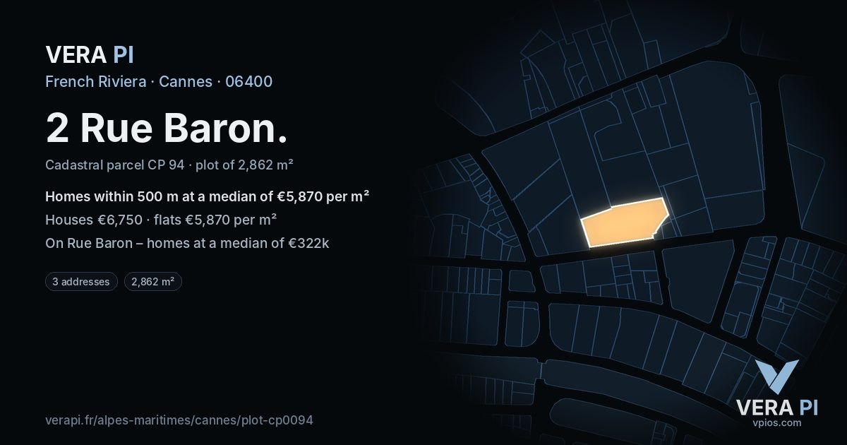 2 Rue Baron, Cannes at night – the plot lit, the parcels around coloured by the prices near them