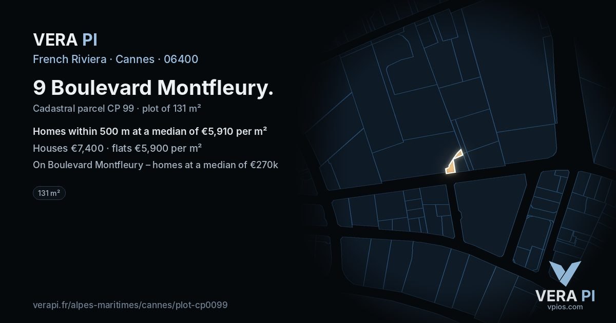 9 Boulevard Montfleury, Cannes at night – the plot lit, the parcels around coloured by the prices near them