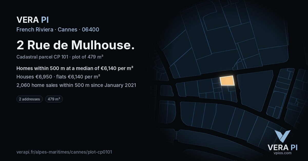 2 Rue de Mulhouse, Cannes at night – the plot lit, the parcels around coloured by the prices near them