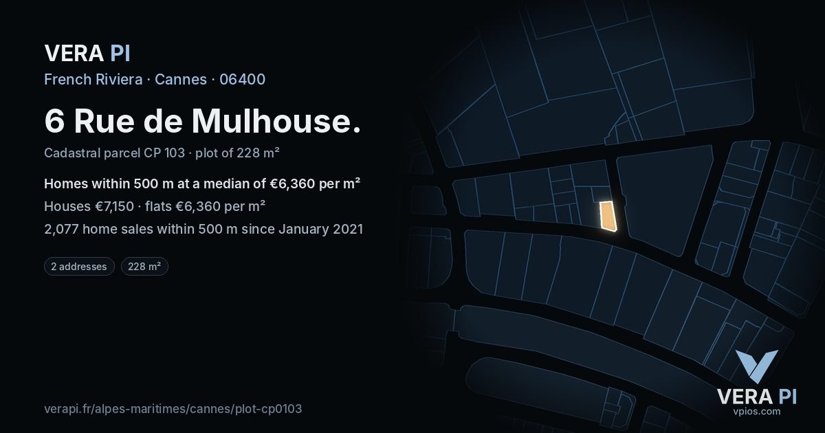 6 Rue de Mulhouse, Cannes at night – the plot lit, the parcels around coloured by the prices near them