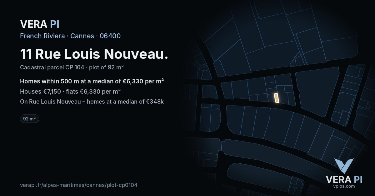 11 Rue Louis Nouveau, Cannes at night – the plot lit, the parcels around coloured by the prices near them