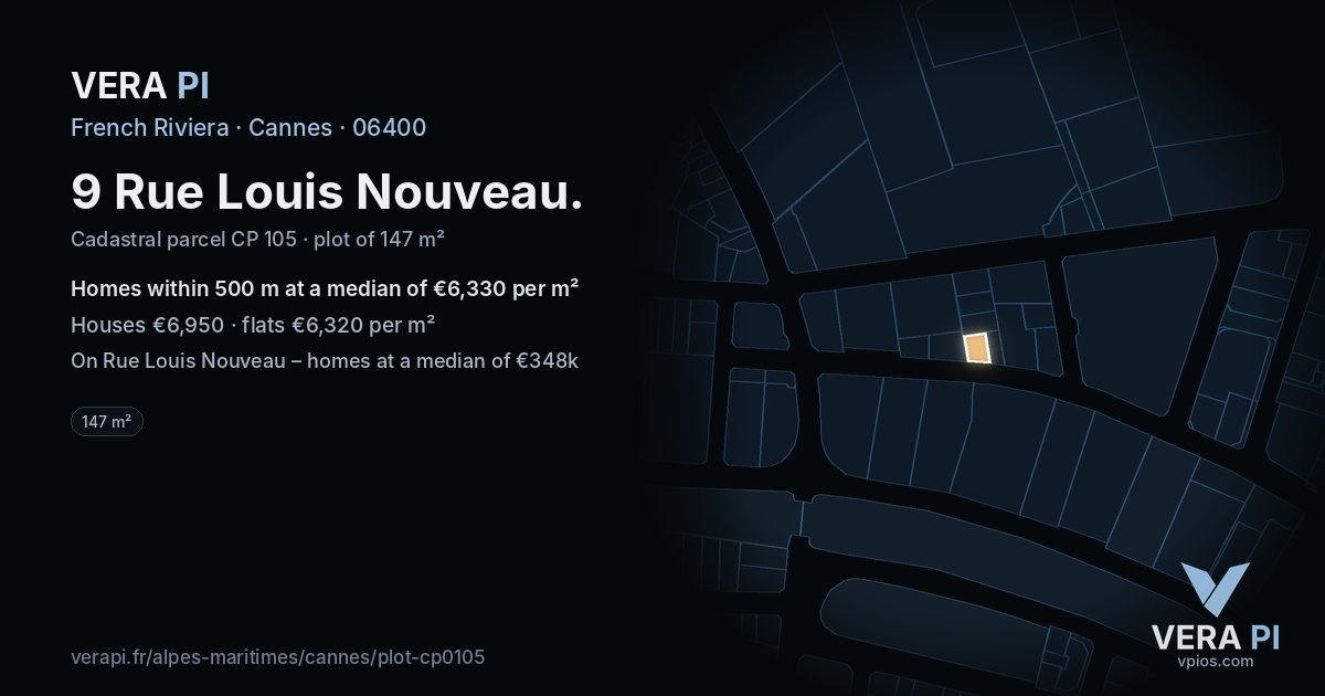 9 Rue Louis Nouveau, Cannes at night – the plot lit, the parcels around coloured by the prices near them