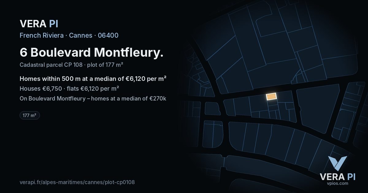 6 Boulevard Montfleury, Cannes at night – the plot lit, the parcels around coloured by the prices near them