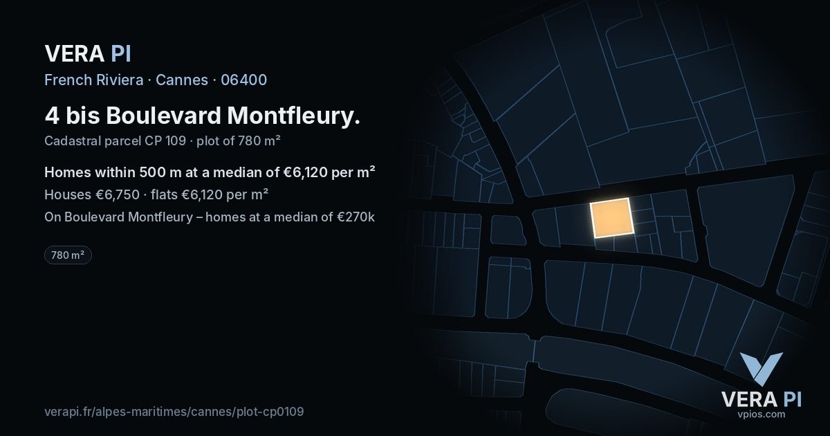 4 bis Boulevard Montfleury, Cannes at night – the plot lit, the parcels around coloured by the prices near them