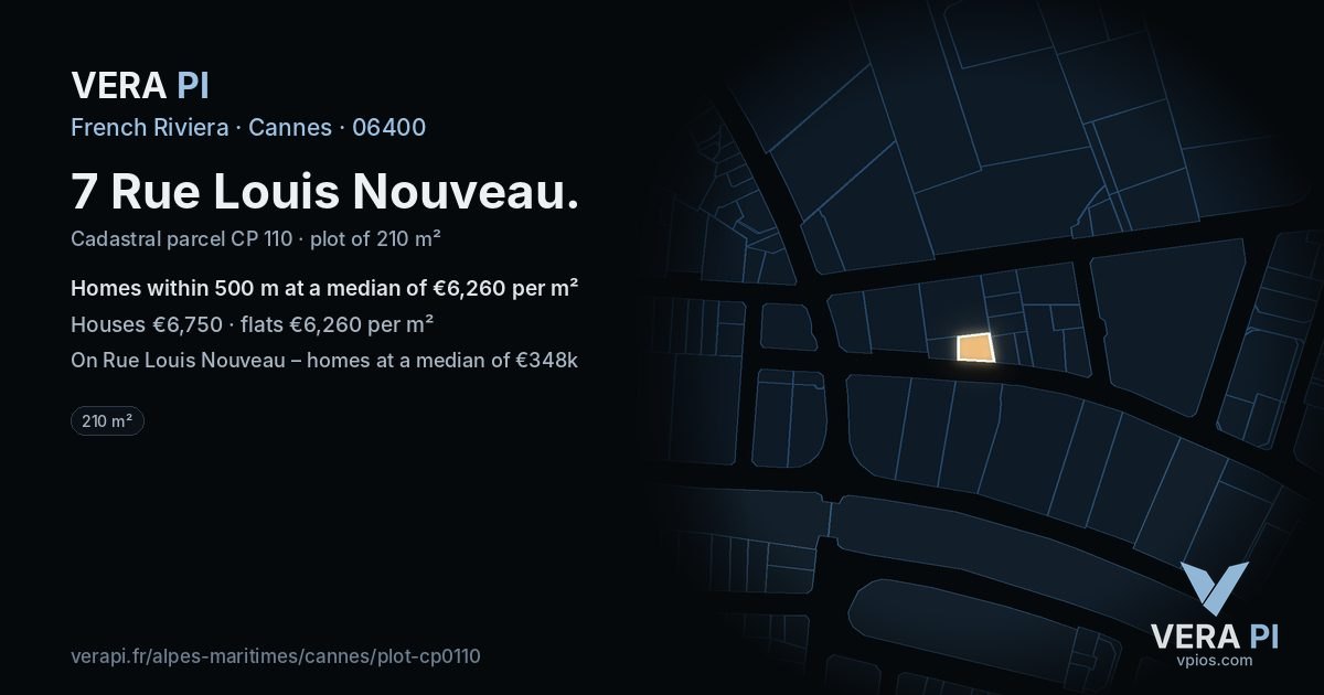 7 Rue Louis Nouveau, Cannes at night – the plot lit, the parcels around coloured by the prices near them