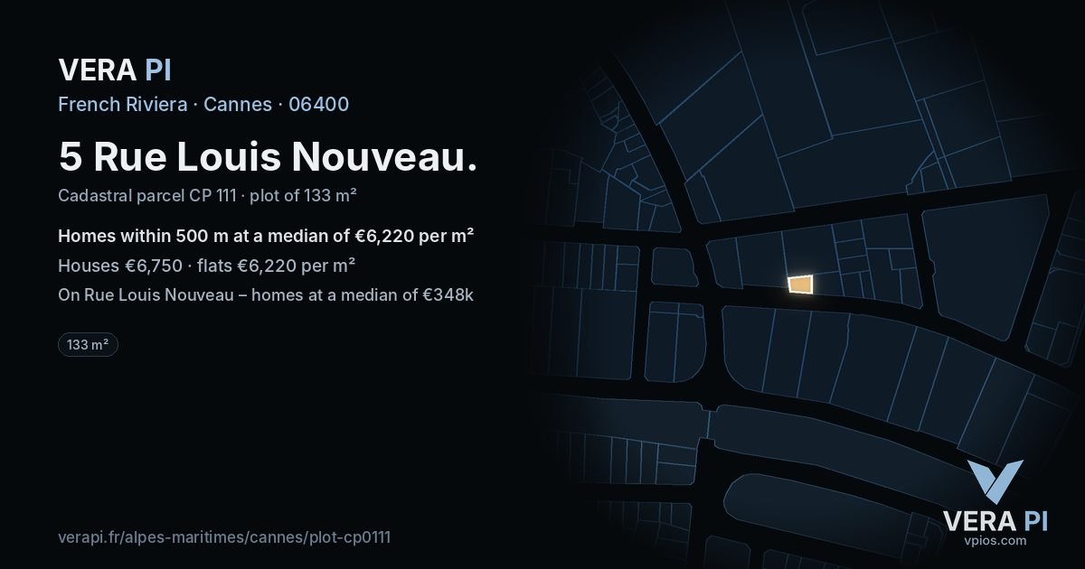 5 Rue Louis Nouveau, Cannes at night – the plot lit, the parcels around coloured by the prices near them