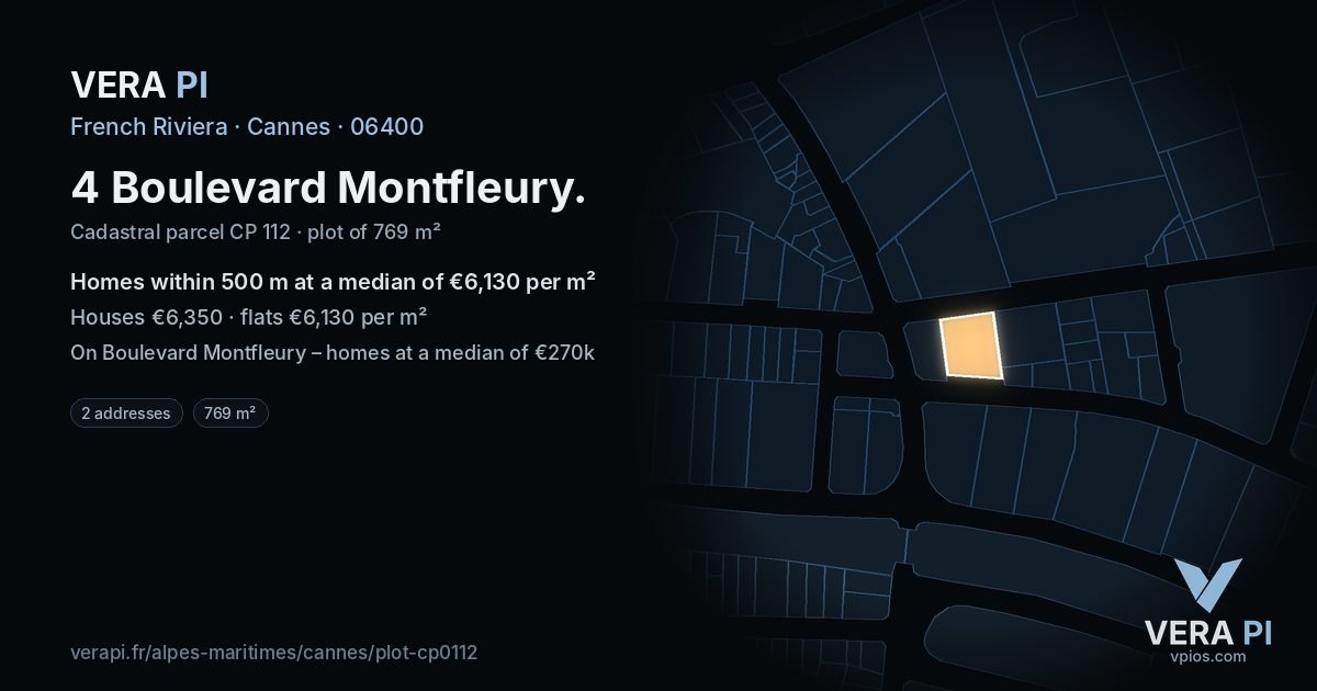 4 Boulevard Montfleury, Cannes at night – the plot lit, the parcels around coloured by the prices near them