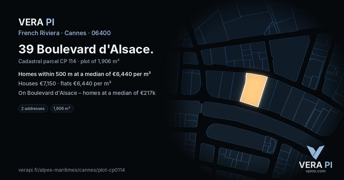 39 Boulevard d'Alsace, Cannes at night – the plot lit, the parcels around coloured by the prices near them