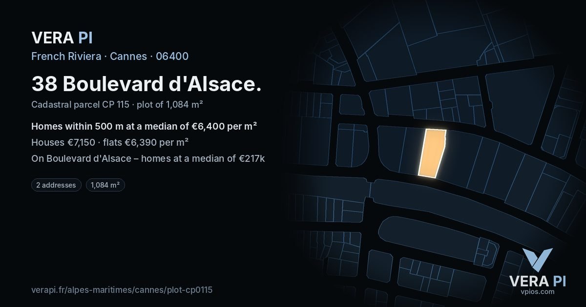 38 Boulevard d'Alsace, Cannes at night – the plot lit, the parcels around coloured by the prices near them