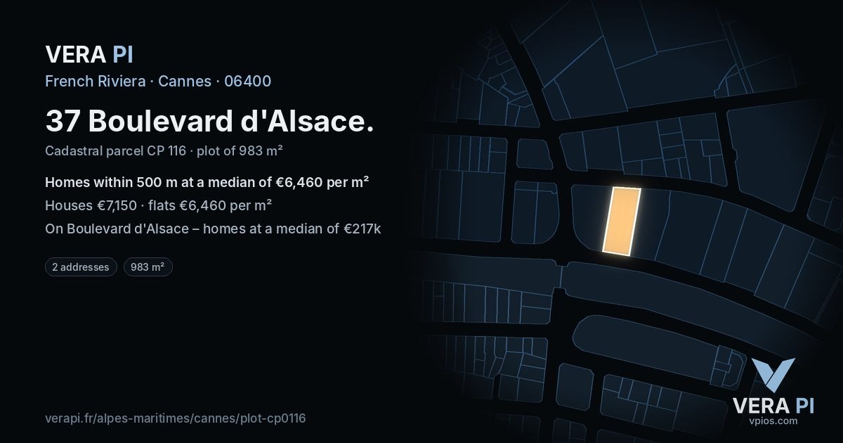 37 Boulevard d'Alsace, Cannes at night – the plot lit, the parcels around coloured by the prices near them