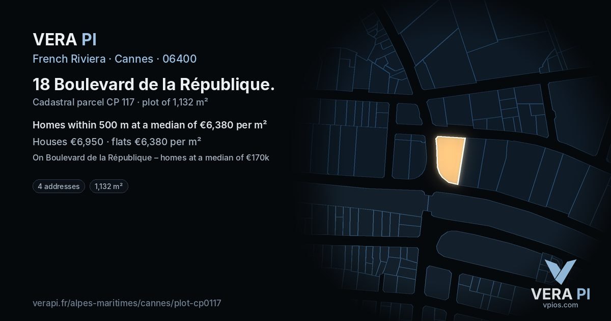 18 Boulevard de la République, Cannes at night – the plot lit, the parcels around coloured by the prices near them