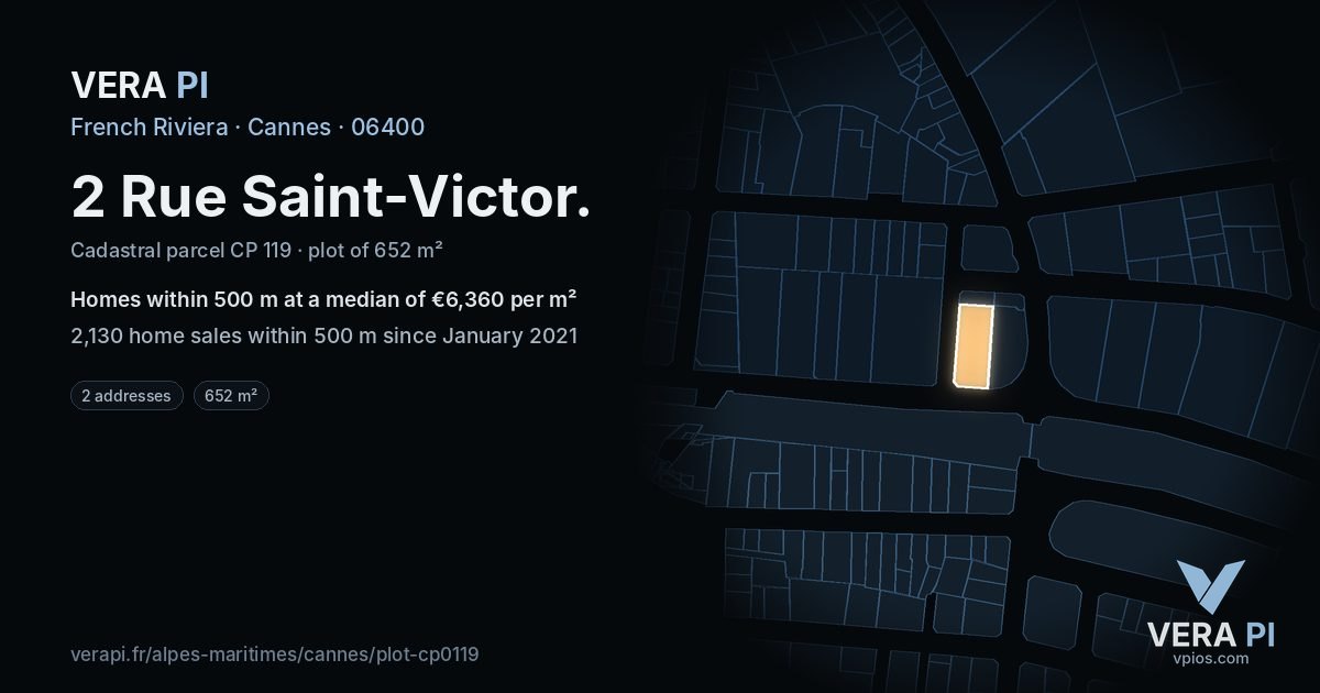 2 Rue Saint-Victor, Cannes at night – the plot lit, the parcels around coloured by the prices near them
