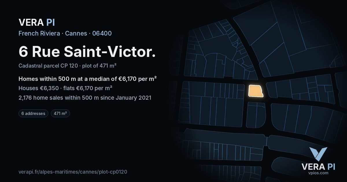 6 Rue Saint-Victor, Cannes at night – the plot lit, the parcels around coloured by the prices near them
