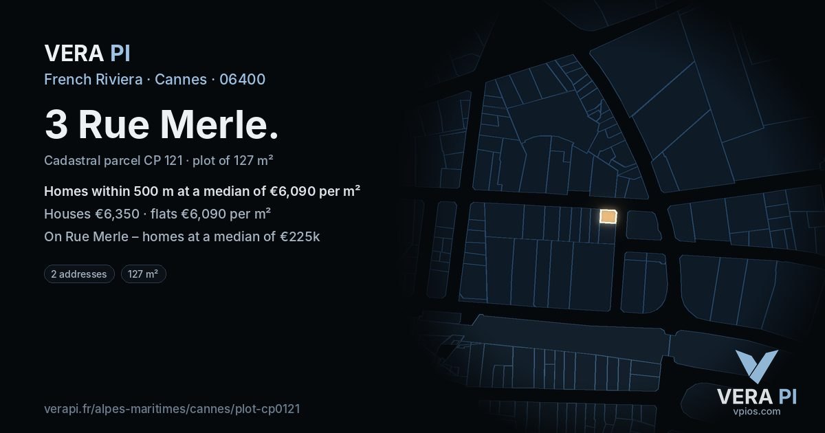 3 Rue Merle, Cannes at night – the plot lit, the parcels around coloured by the prices near them
