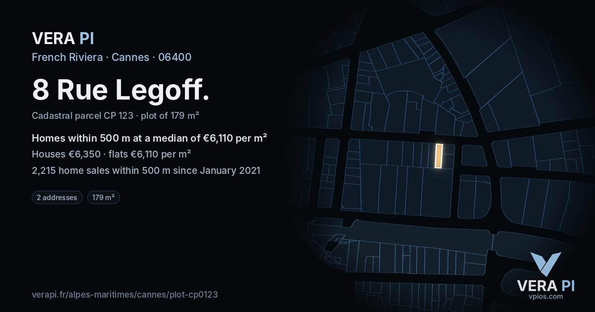 8 Rue Legoff, Cannes at night – the plot lit, the parcels around coloured by the prices near them