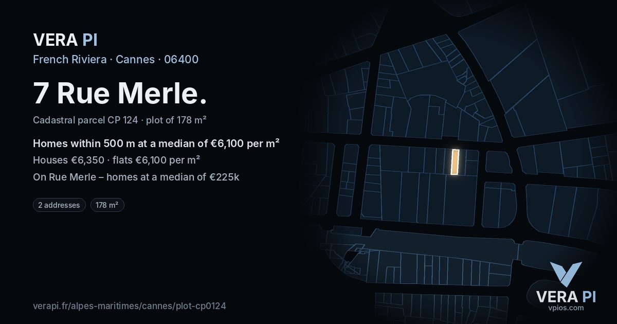 7 Rue Merle, Cannes at night – the plot lit, the parcels around coloured by the prices near them