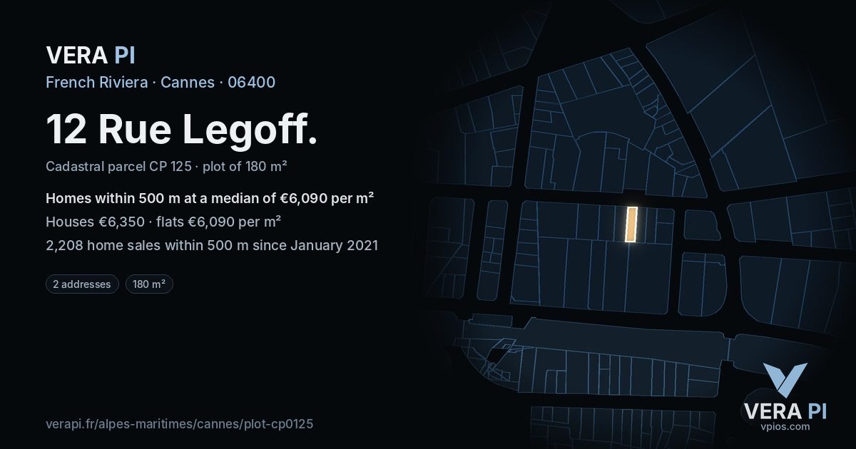 12 Rue Legoff, Cannes at night – the plot lit, the parcels around coloured by the prices near them